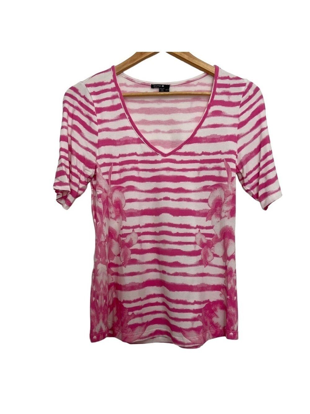 Bylyse t-shirt short sleeve Vneck pink white stripes dye lightweight small
